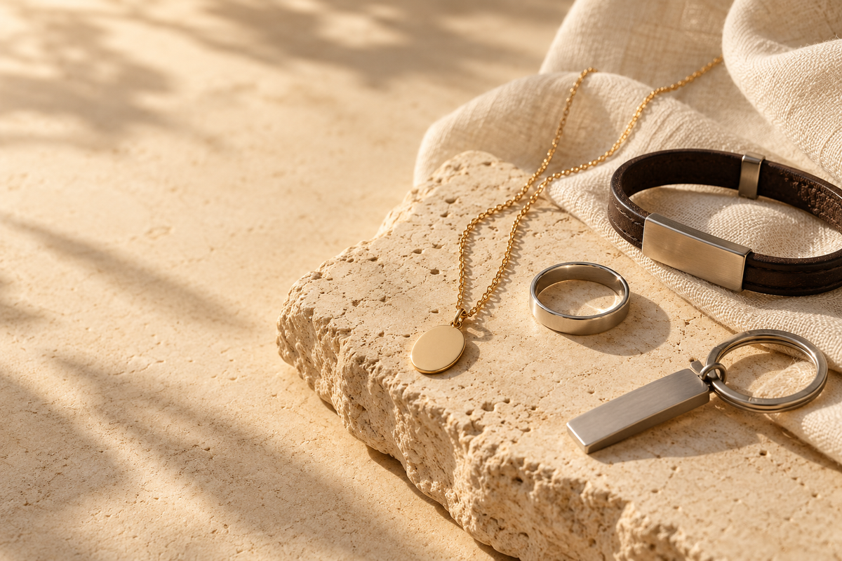 Illustration d’ambiance Entrelia : bijoux et porte-clés sur un fond crème.