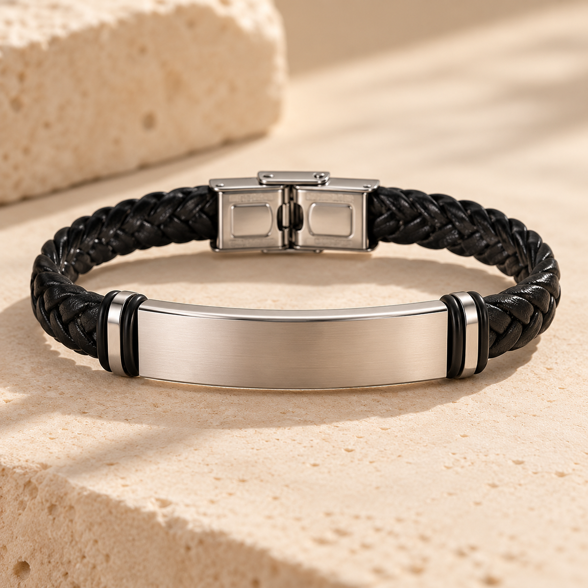 Visuel d’ambiance LOIMA — bracelet Ancrage tressé noir, plaque argentée vierge à graver